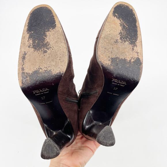 Vintage Prada Brown Suede Lace Up Square Toe High Heel Mid Calf Boots IT 37 - Picture 9 of 12